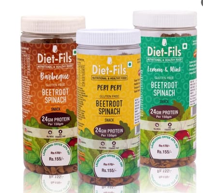 Beetroot Spinach Snack with Pea Protein Mix Combo Barbecue | Lemon & Mint | Peri Peri | Gluten Free | 24 G Protein per pack |Roasted not fried | Healthy  Snacks | No MSG | Zero Transfat |150 G x 3