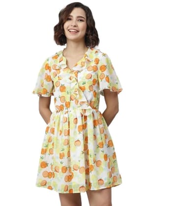 Women's Polyester Printed Flutter Above Knee Dress (Yellow - Orange, XL)-PID55787