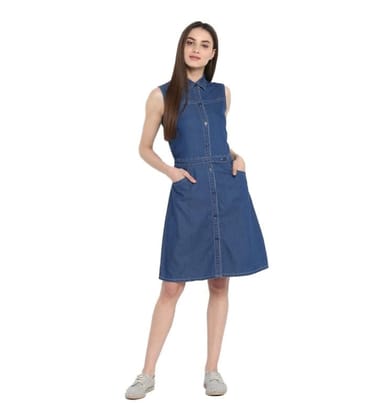 Women's Denim Solid Sleeveless Above Knee Dress (Blue, S)-PID55739