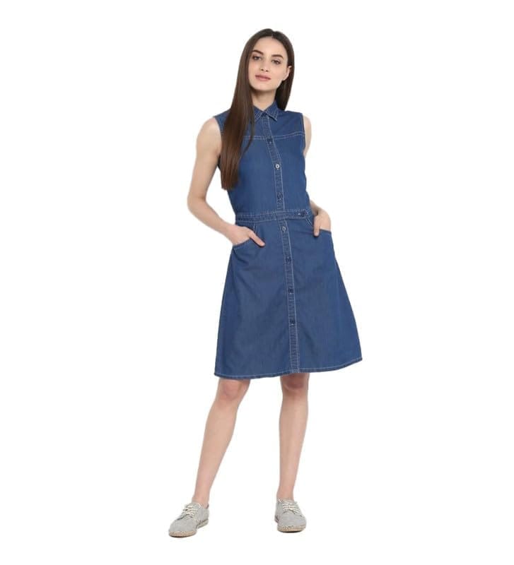 Women's Denim Solid Sleeveless Above Knee Dress (Blue, S)-PID55739