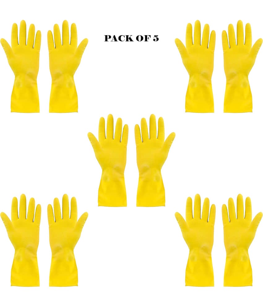 Yellow Cleaning Reusable Rubber Hand Gloves for Washing Cleaning (5 Pairs) Yellow Rubber Free Size Cleaning Glove Set ( Pack of 5 )