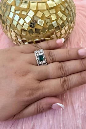 Smitam Jewels Emerald Majesty Ring Green Stone Crystal Studded Brass Statement Ring