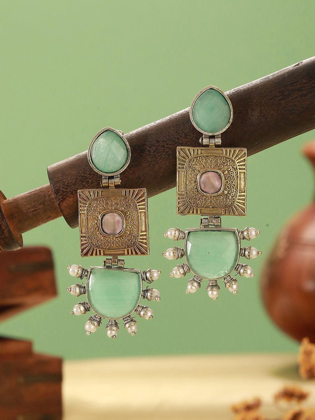 Oxidised Gold Toned Mint Stone Studded Contemporary Tribal Long dangler Earrings