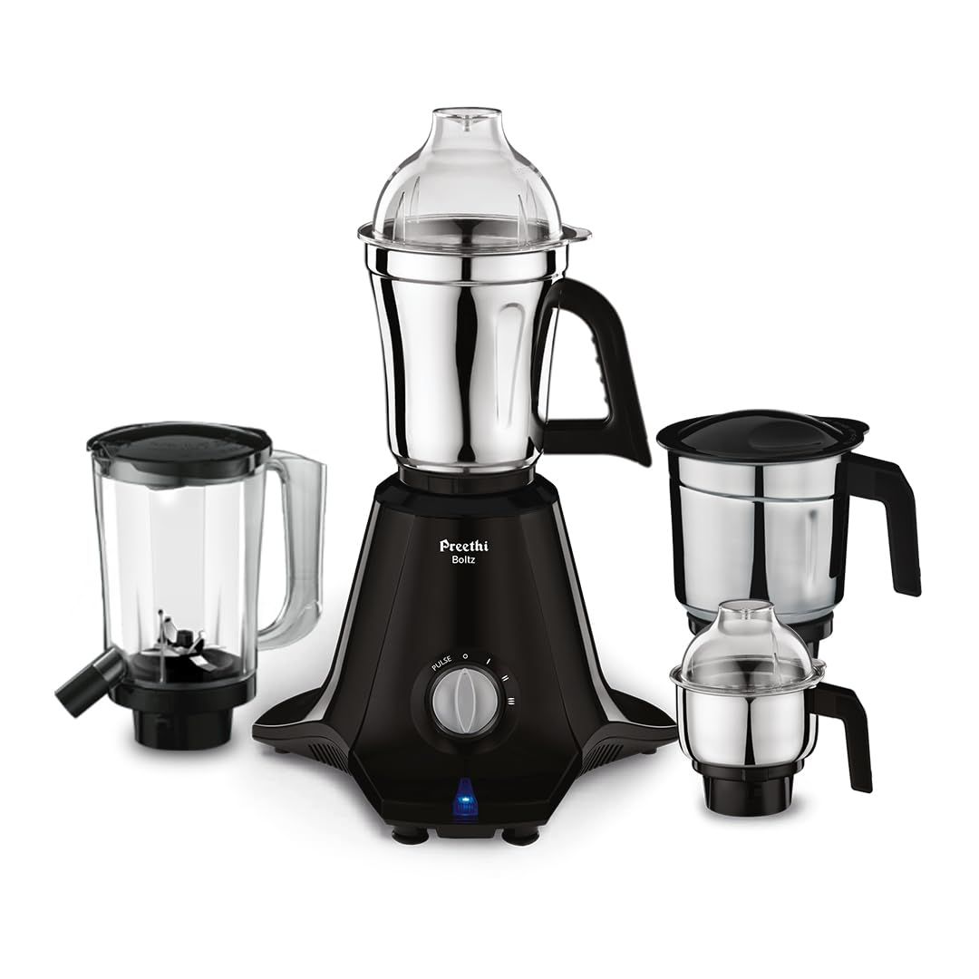 Preethi Boltz Mixer Grinder for Kitchen | 4 Jars 1000 Watts Mixie| 3 Stainless Steel Jar & 1 Blender Jar for Milkshake,Smoothie,Puree - Black (MG-288) Preethi Boltz Mixer Grinder for Kitchen | 4 Jars 1000 Watts Mixie| 3 Stainless Steel Jar & 1 Blender Ja