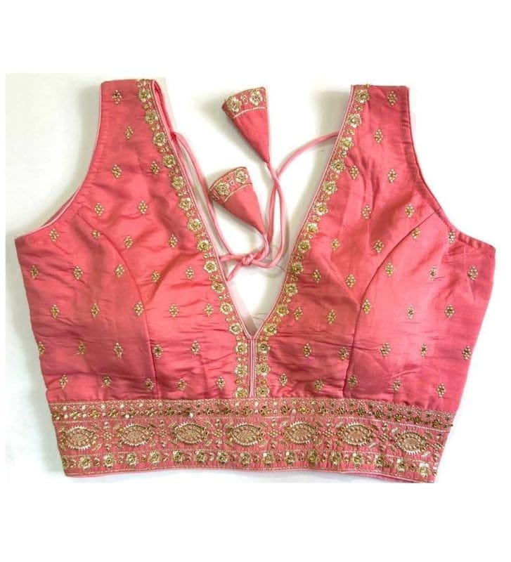 Women's Silk Thread Work V Neck Sleeve Less Readymade Blouse (Peach, Free Size)-PID57728