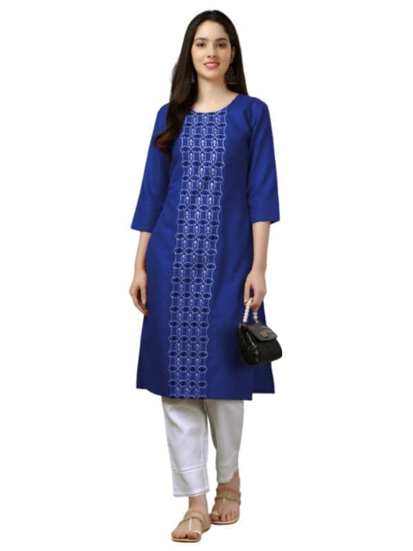 Women's Casual 3-4 th Sleeve Embroidery Cotton Kurti (Blue, L)-PID50277