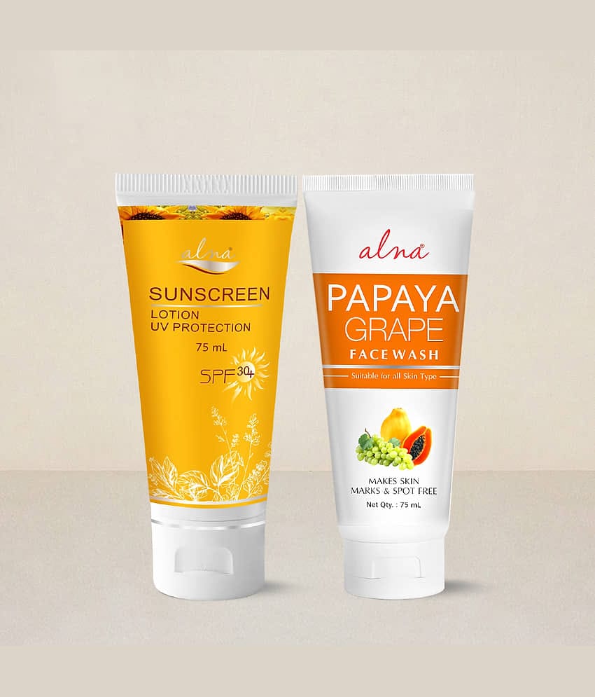 Alna Sunscreen Lotion SPF 30+ 75ml with Papaya Grape Face Wash 75ml , Pack of 2