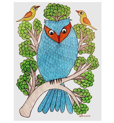 Handcrafted Gond Sea Blue Owl Painting with Birds & Tree , Traditional Tribal Folk Art of Madhya Pradesh