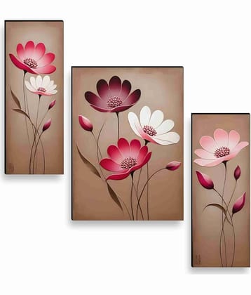 Livin'luxe 3D Effect Pink Floral Wall Art – 3 Panel Modern Blossom Painting on Beige Background for Hall, Office & Elegant Home Décor 12 Inch x 20 Inch