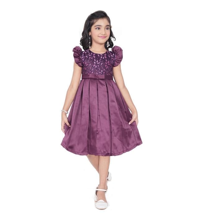 Girl's Satin Printed Sleeve Less Round Neck Dress (Purple, 3-4_Yrs)-PID63831