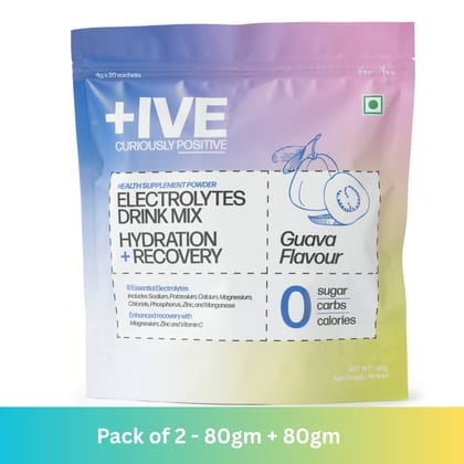 Curiously  +IVE Electrolytes Drink Mix - Guava Flavour - Pack of 2 - 80gm + 80gm (4g x 40 Sachet)| Zero Sugar, Zero Carbs, Zero Calories, Hydration + Recovery Supplement