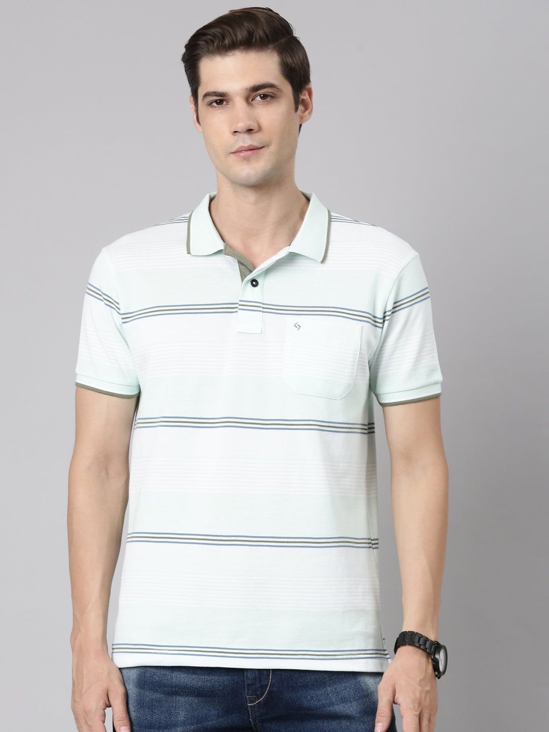 Classic Polo Men's Polo Neck Cotton Lt.Green Slim Fit Striped T-Shirt | ADORE-223 B SF P