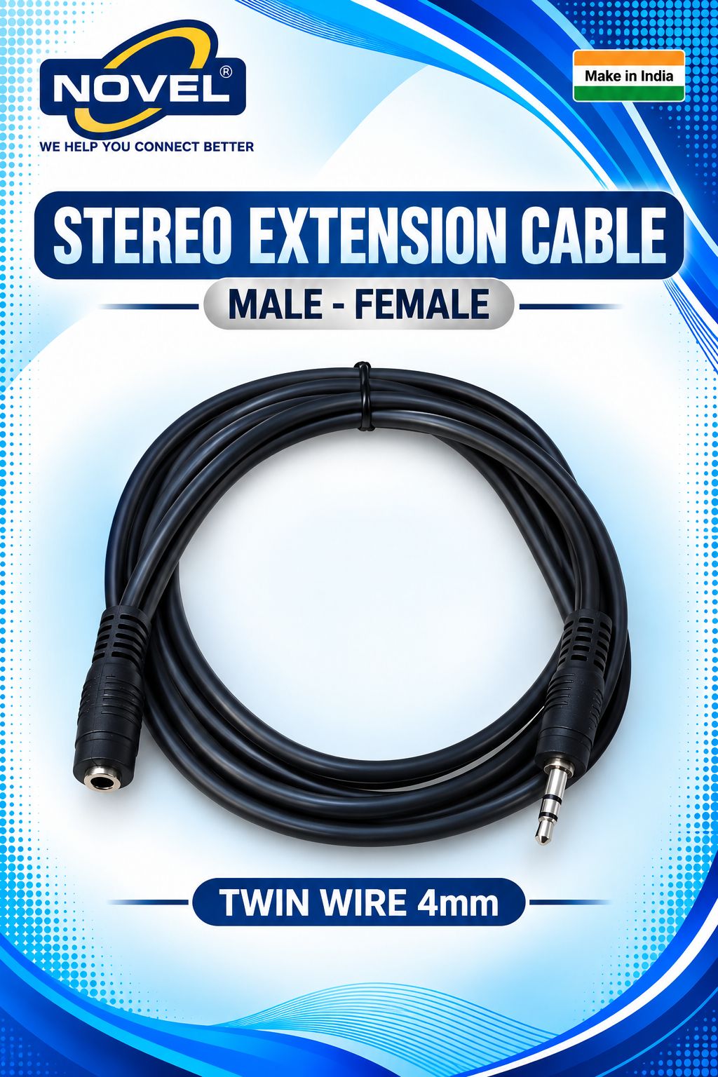 NOVEL STEREO EXTENSION CABLE MALE - FEMALE TWIN WIRE 4mm 1.5 METER