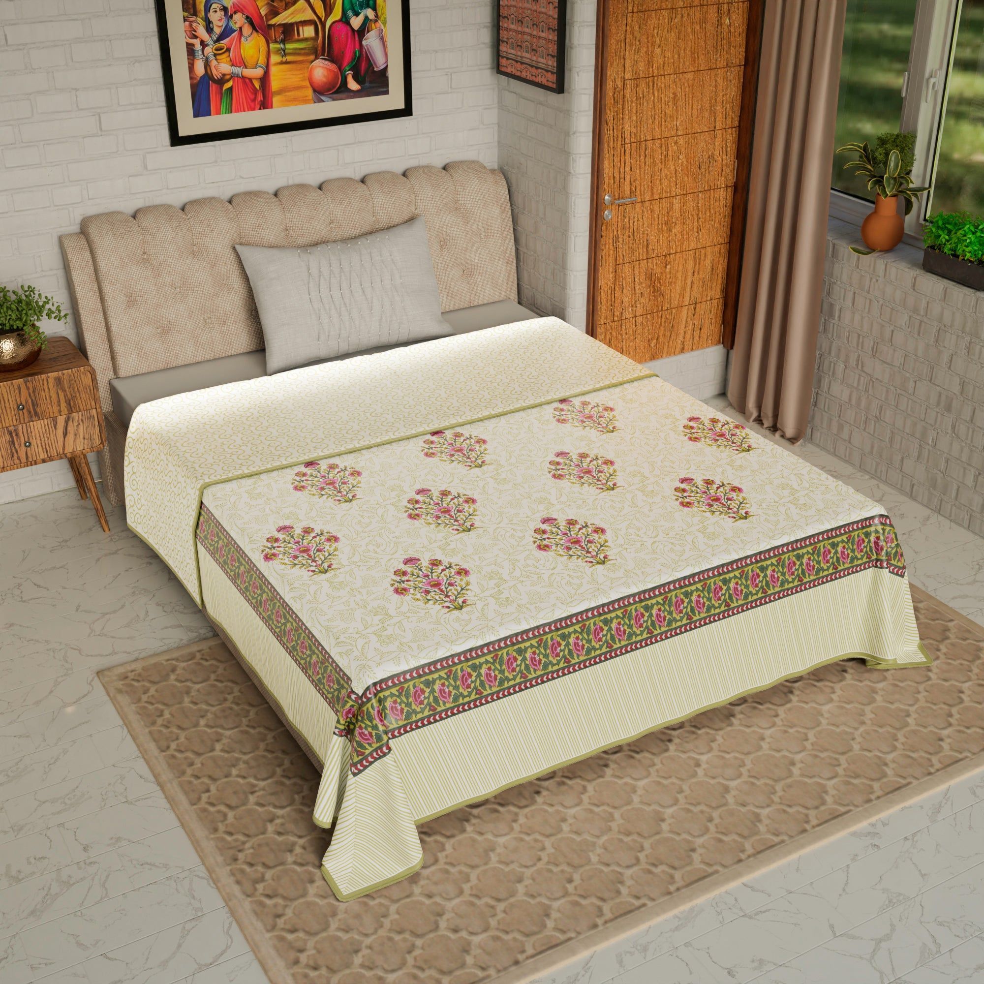 Cotton Blanket - Single Dohar ( 60 x 90 Inches) mustard Pink Bouquet