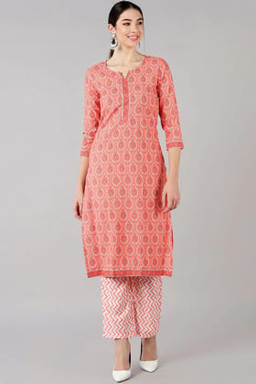 Peach Polyester Ethnic Motifs Straight Kurta Set PKSET1071