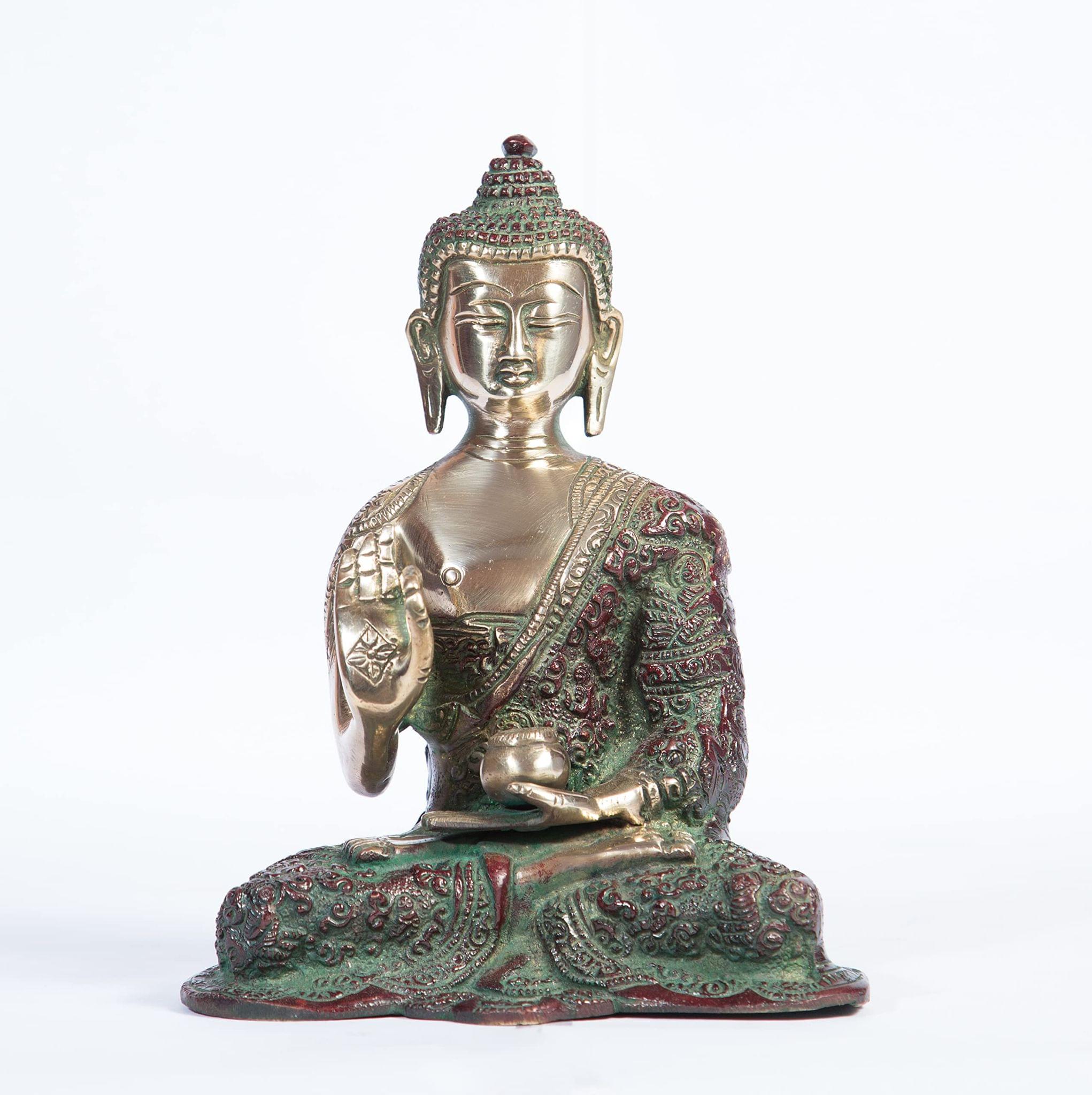 Arihant Craft� Ethnic Decor Lord Buddha Idol Statue Sculpture Showpiece � 18.5 cm (Brass, Red, Green)
