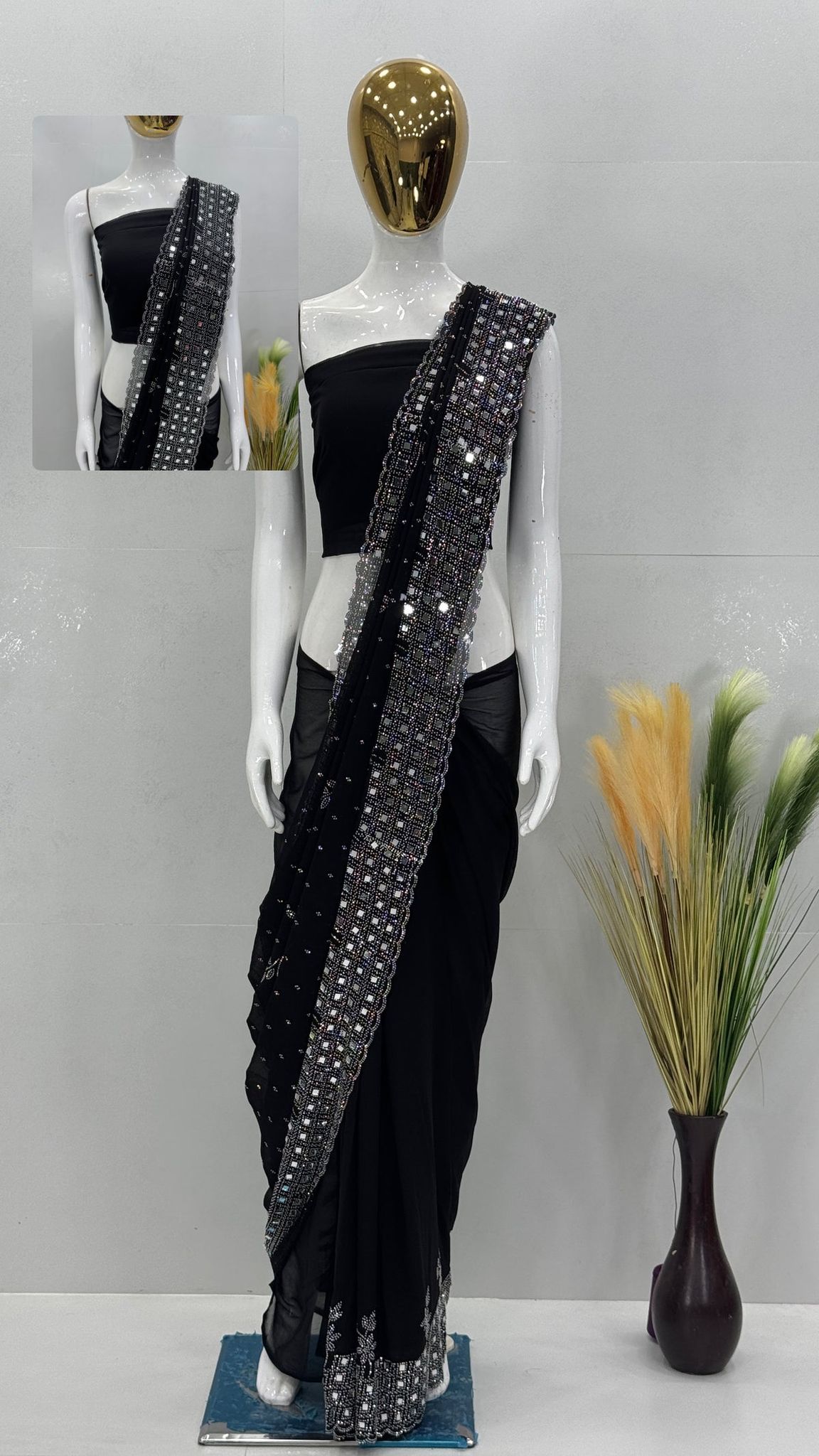 Party Wear Beautiful Saree With Real Mirror Work