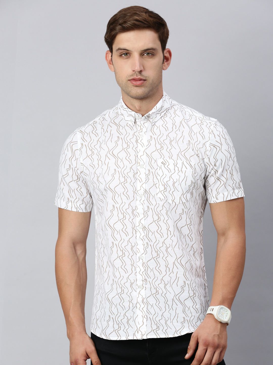 Classic Polo Men's Half Sleeve White/Beige Cotton Slim Fit Woven Shirt | SP2-CL-09 A-HS-PRT-SF