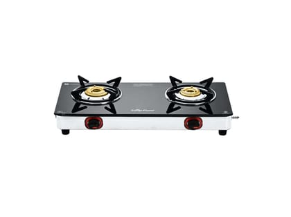 Surya Flame Lotus Gas Stove 2 Burner with Glass Top, Brass Burners, 69%+ Thermal Efficiency & Toughened Glass, 2 Years Warranty & Doorstep Service across India - Black