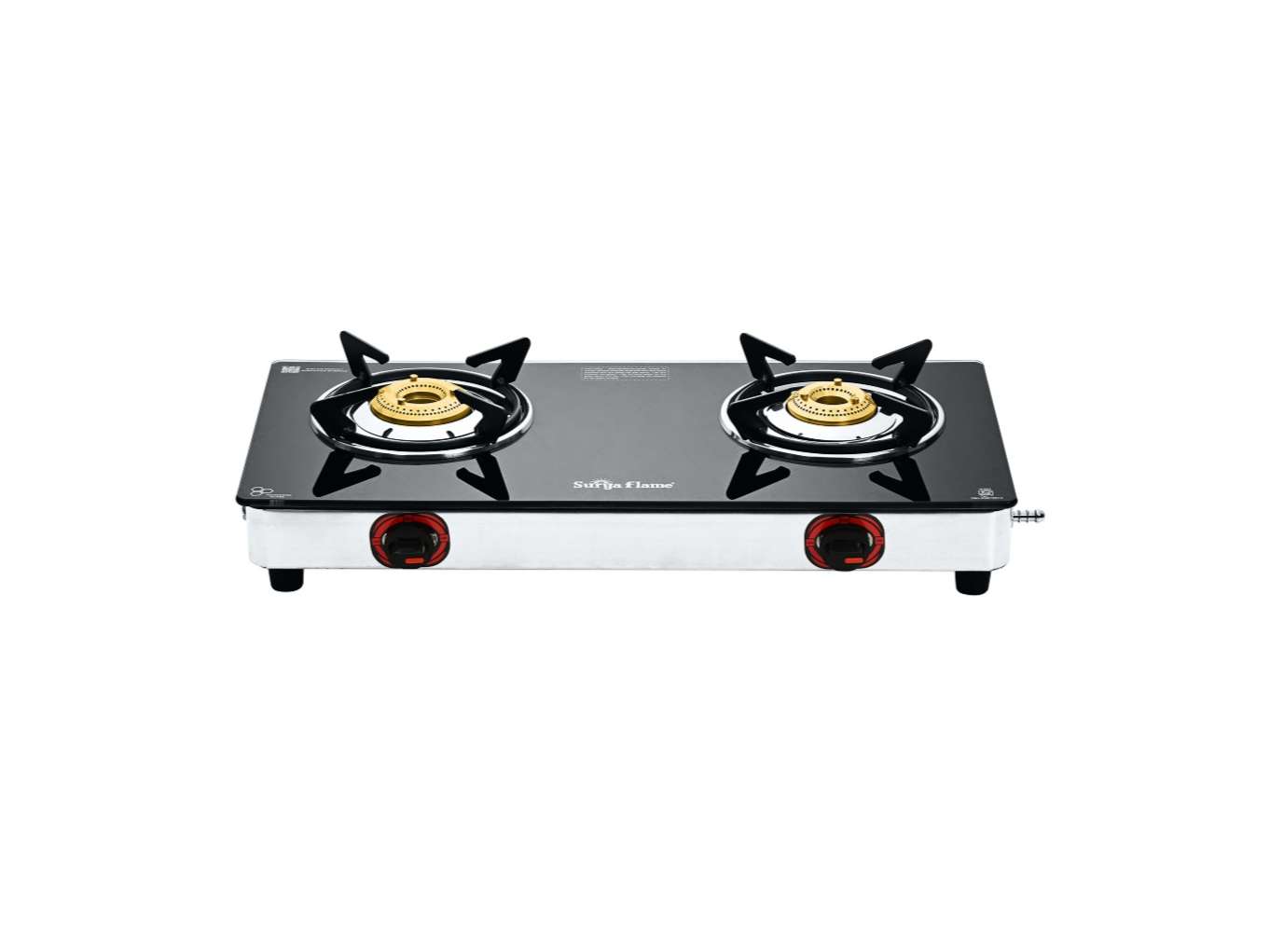 Surya Flame Lotus Gas Stove 2 Burner with Glass Top, Brass Burners, 69%+ Thermal Efficiency & Toughened Glass, 2 Years Warranty & Doorstep Service across India - Black