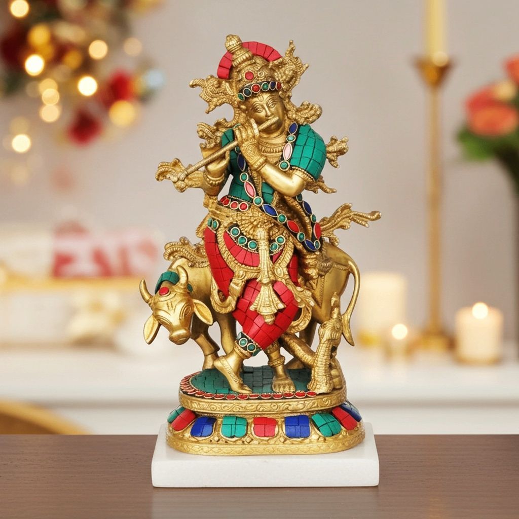Brass Cow Krishna Stone Idol (BSMAS431)