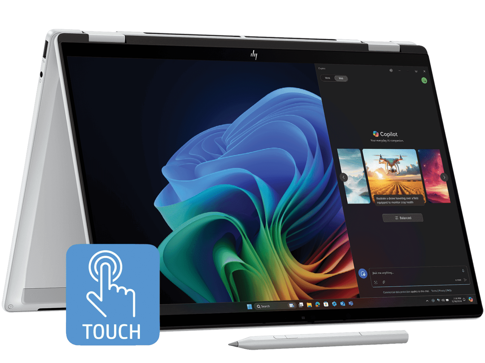 HP OmniBook X Flip Next Gen AI PC, Intel® Core™ Ultra 5 processor, UWVA touch display with Intel® Arc™ Graphics, 16 GB LPDDR5x-8533 RAM, 512 GB SSD Hard Drive, Silver, 14-fm0058TU