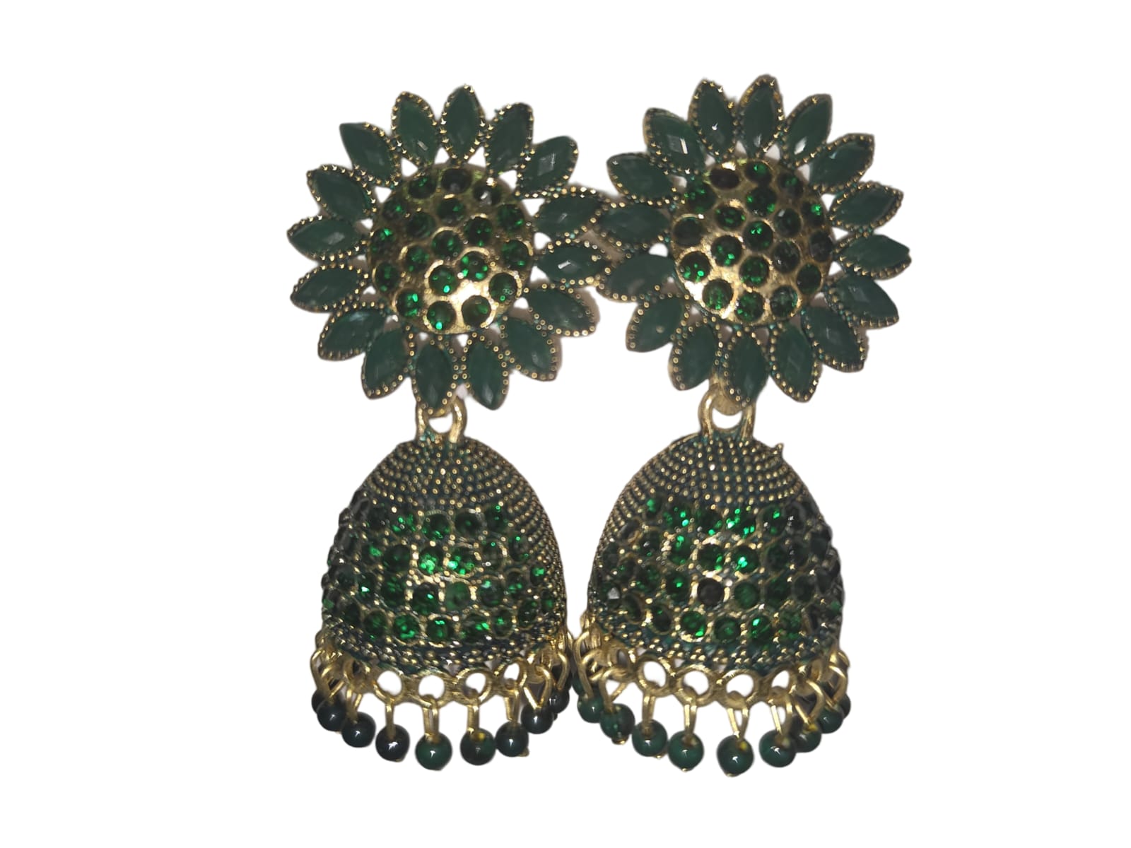 Gold Plated Green Stone Jhumka Earrings for Women