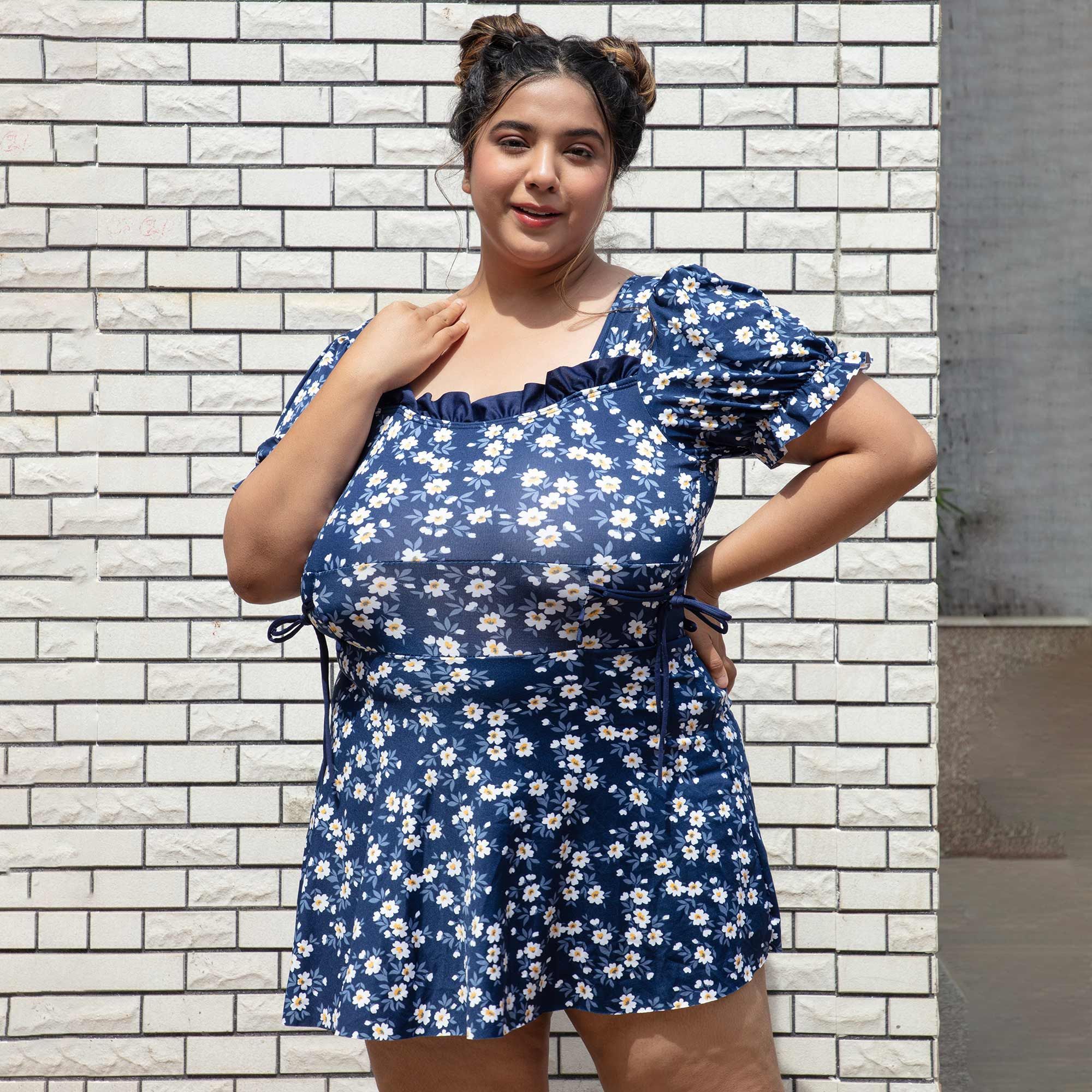Floral print swim dress with puff sleeves with Shorts