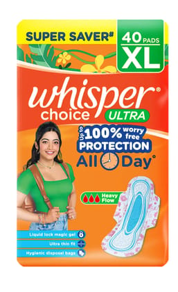 Whisper choice ultra XL 40 sanitary pada, upto 100% stain protection All day