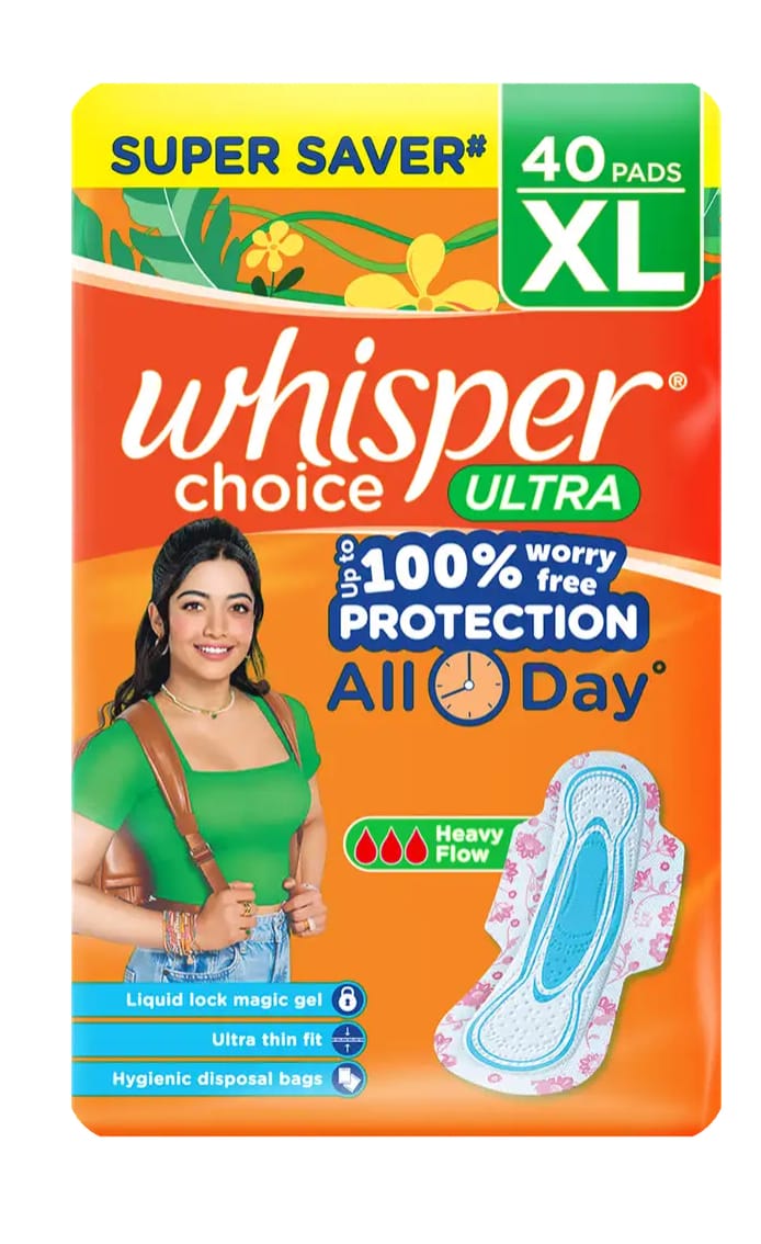 Whisper choice ultra XL 40 sanitary pada, upto 100% stain protection All day
