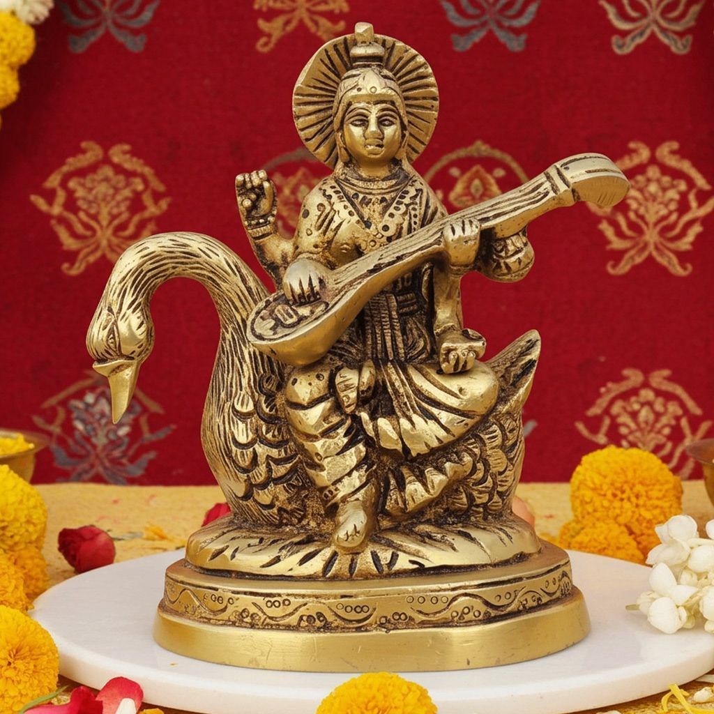 Brass Saraswati Ji Showpiece - Elegant Handcrafted Idol, Height : 4.8 Inch (BSMAS1042 S)