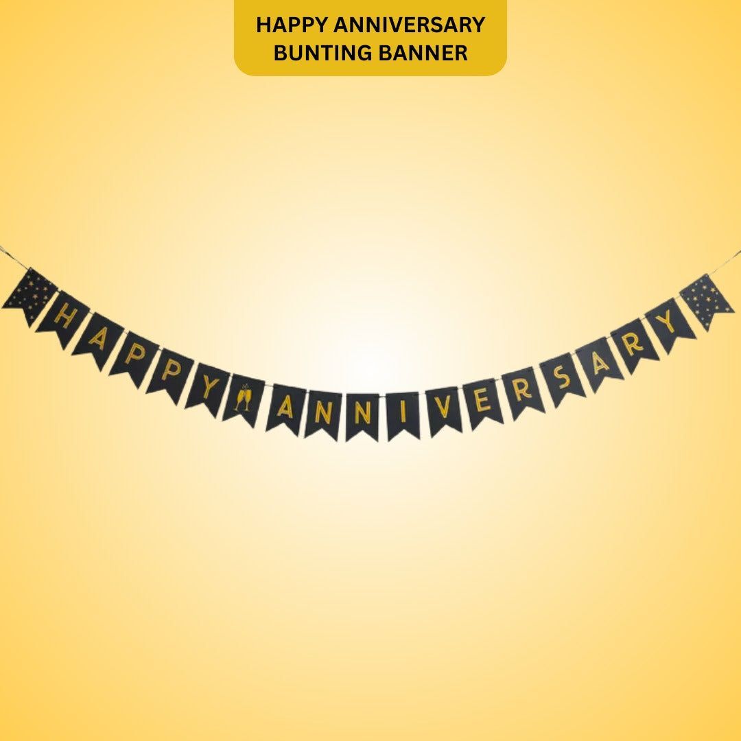 Happy Anniversary Black & Golden Triangular Bunting Banner - 9FT - 16PC