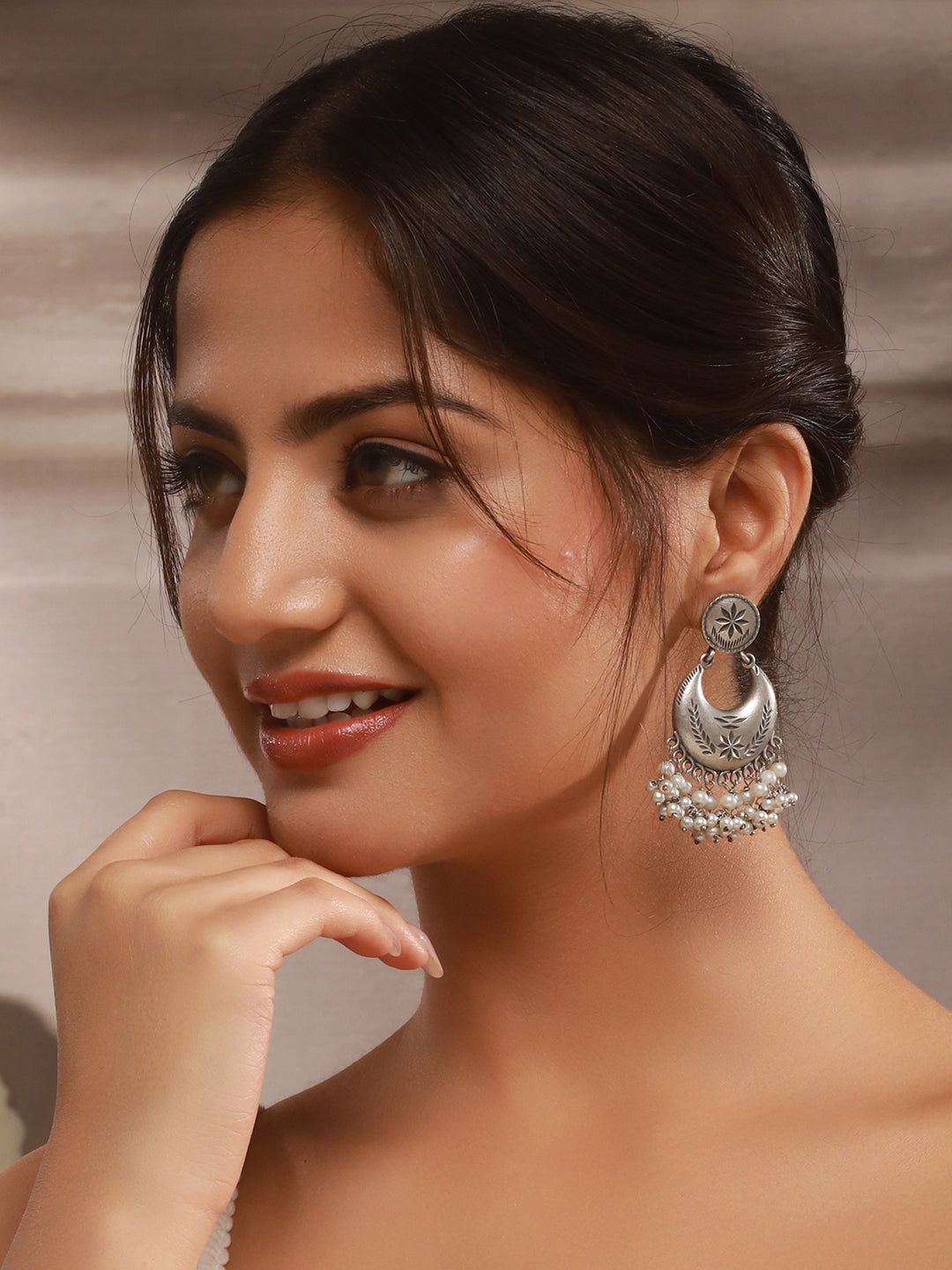 Oxidised Silver Lookalike Pearl Beaded Tribal Lightweight Chandbali Earrings
