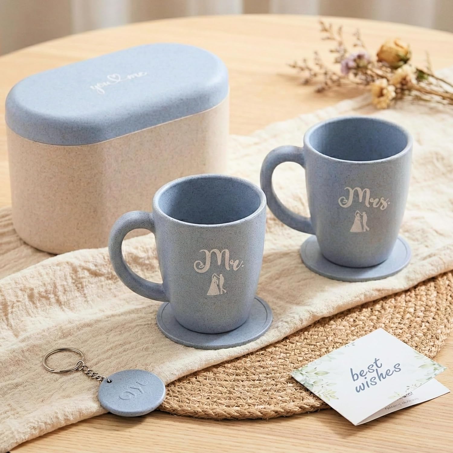 Earth-Friendly Mr & Mrs Classic Coffee Mugs for Couple | Wedding Gift for Couples| Made with Rice Husk| Two Mugs, Coasters Set of 2, Keychain & One Loopac Box | 300 ml | Azure