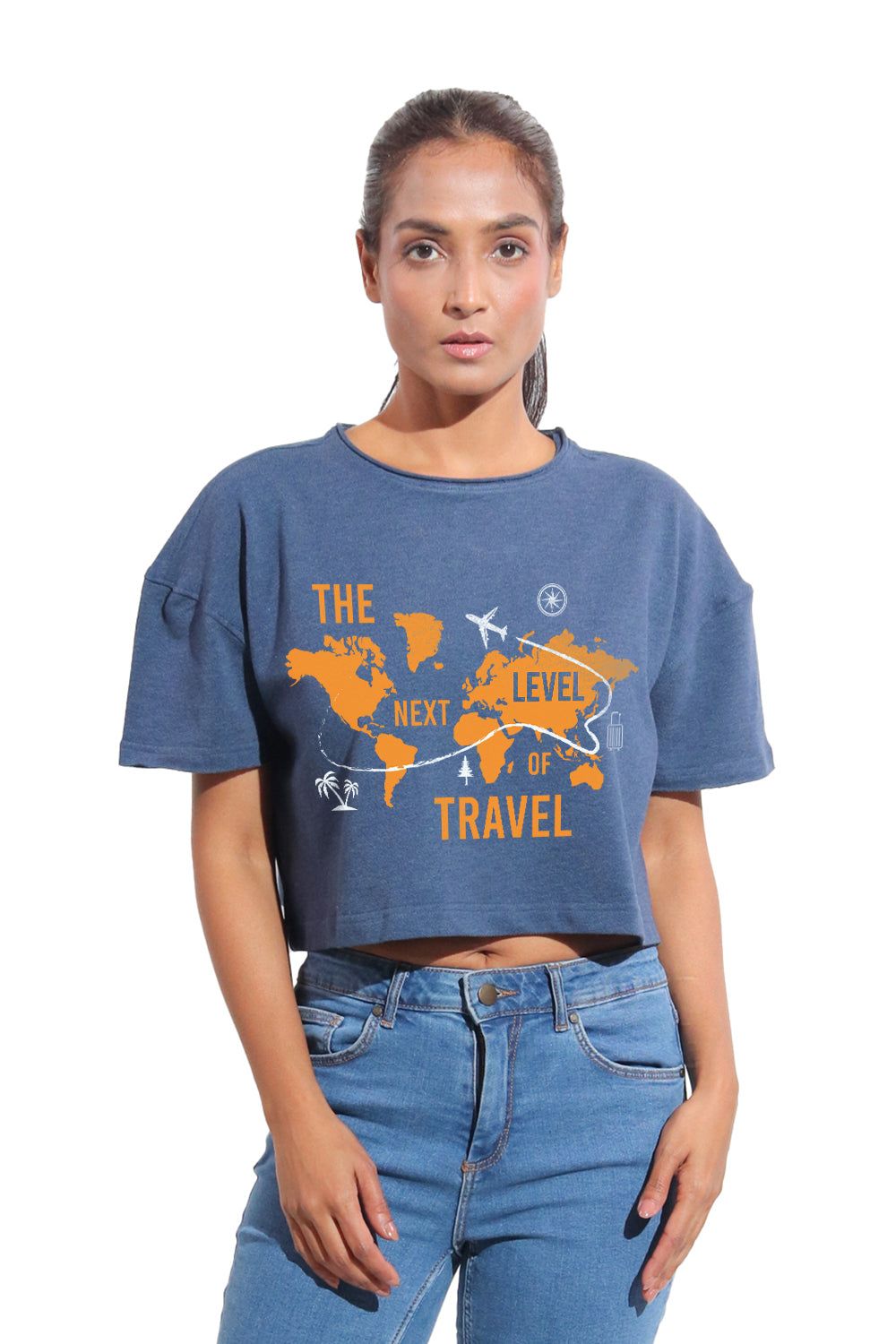 Kinnko Premium Cotton Womens Textured Printed Crop T-Shirt Blue