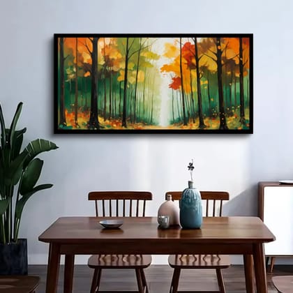 Luminary Path Through the Forest – Peaceful Nature Canvas Painting For Decor | Frame Size (127 X 69 Cm) | Frame Type (Black) | 5-Year Warranty