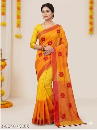 Traditional Shantipur Handloom Saree with Jaba Flower Motifs - Yellow & Orange