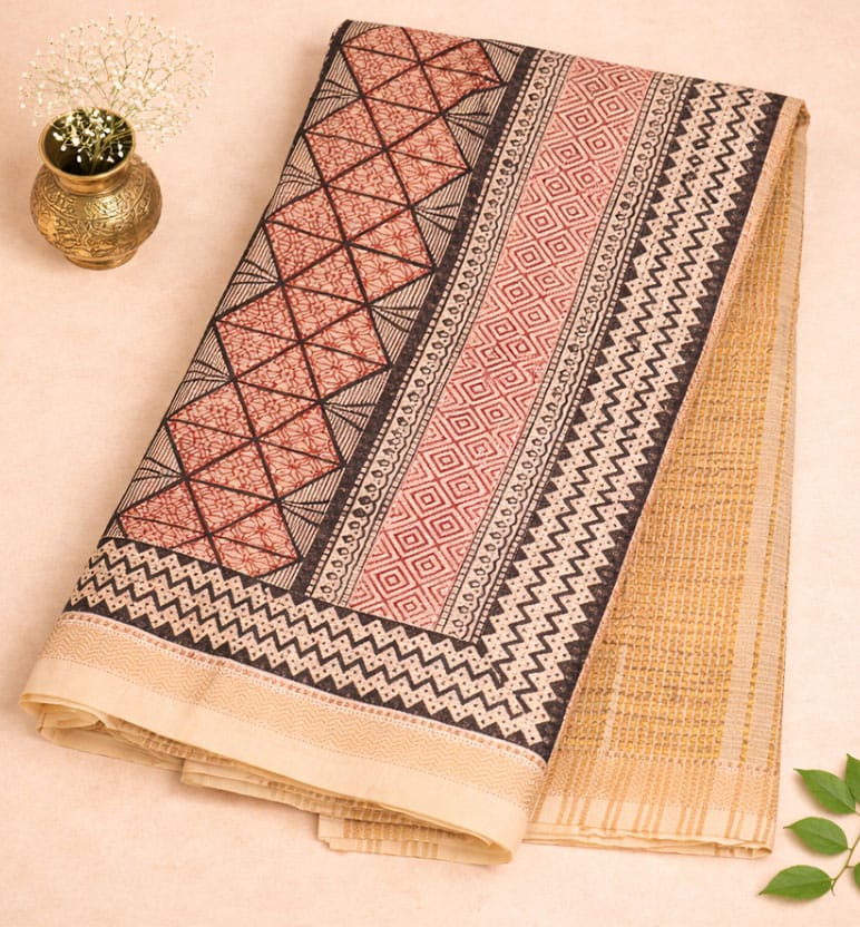 Bagh Print Maheshwari Cotton-Silk Saree – Hand Block Printed
