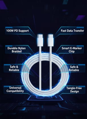 Durable USB-C to USB-C Braided Fast Charging Cable  100W Power Delivery, 1 Meter (White)