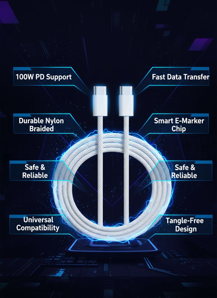 Durable USB-C to USB-C Braided Fast Charging Cable 100W Power Delivery, 1 Meter (White)