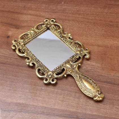 DreamKraft Beautifully Carved Square Shape Gold Plating Metal Hand Mirror for Makeup, Travelling, Salon Mirror & Decorative Hand Mirror Antique Item for Wedding,Corporative Gift Item
