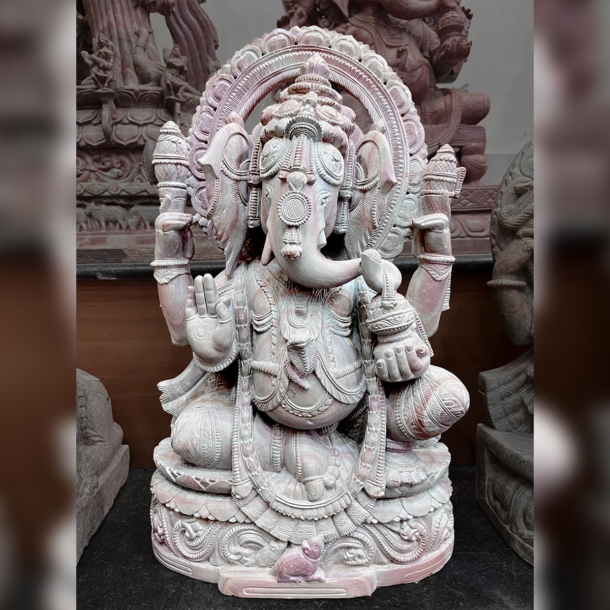 Lord Ganesha sitting Idol Pink Stone Statue