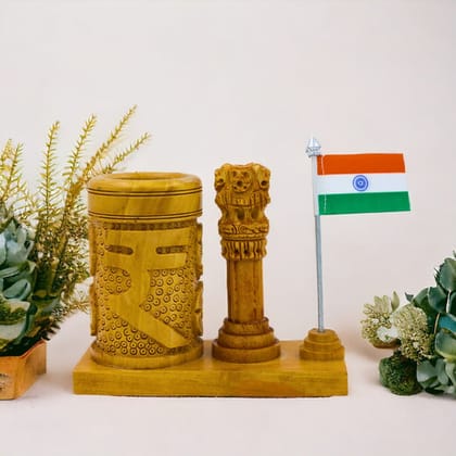 Wooden Ashok Stambh Pen Stand with National flag Wooden Ashok Stambh Pen Stand with National flag