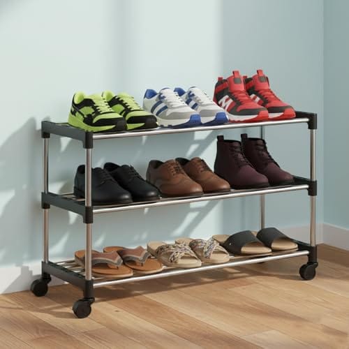 JD FRESH 3 Tier Shoe Rack/Stainless Steel Shoe Stand with Wheel/Movable Shoe Rack for Home/Multi-Purpose