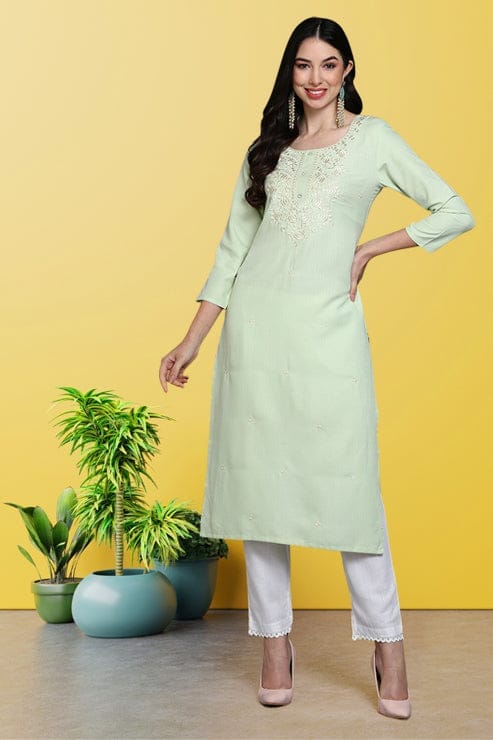 Cotton Blend Lime Green Embroidered Straight Kurta VCK9360