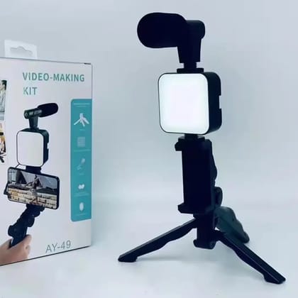All-in-One Smartphone Vlogging Kit with Cardioid Shotgun Microphone, LED Light, Foldable Mini Tripod Stand & Phone Clip for Video Making