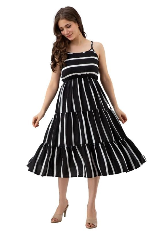 Women's Casual Sleeveless Striped Crape Dresses (Black, S)-PID46923