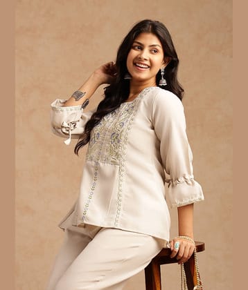 Vbuyz Women Embroidered Tunic With Trousers Co-Ord Set ( Off White )