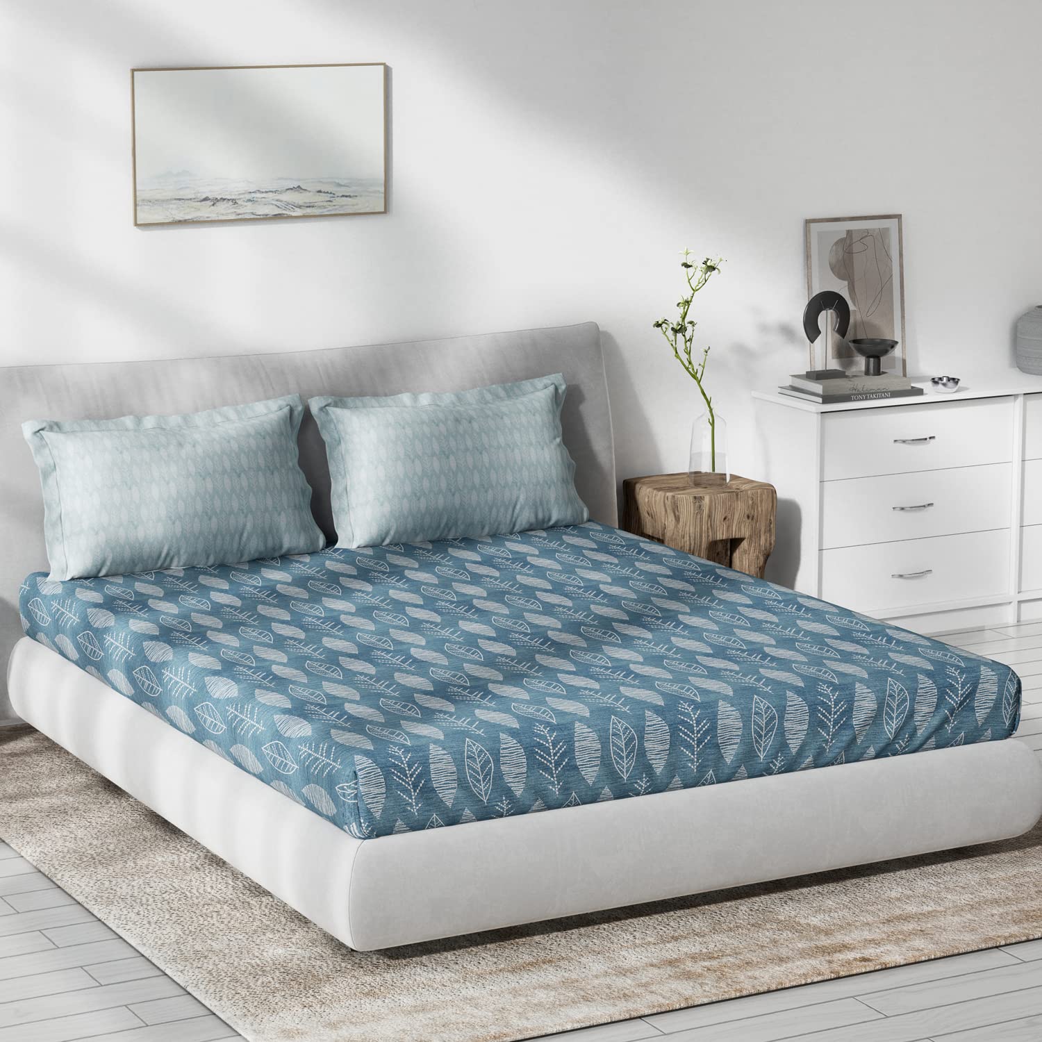DDECOR - Primary Collection 100% Cotton Leaves Pattern 136TC King Bedsheet |229 CM X 274 CM| with 2 Pillow Covers - Blue
