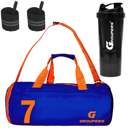 GROUPERS Combo Set of Duffle Polyester Bag with Shaker Bottle-500ml & Wrist Band (Blue 07) GROUPERS Combo Set of Duffle Polyester Bag with Shaker Bottle-500ml & Wrist Band (Blue 07)